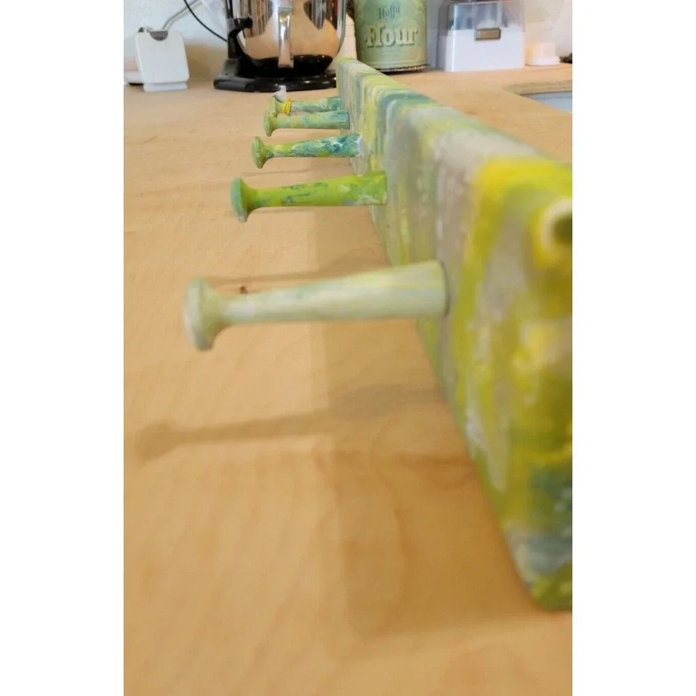 Hand Painted Fluid Art Wooden Wall Rack 5 Peg Hook Green‎ Teal Marbled Entryway